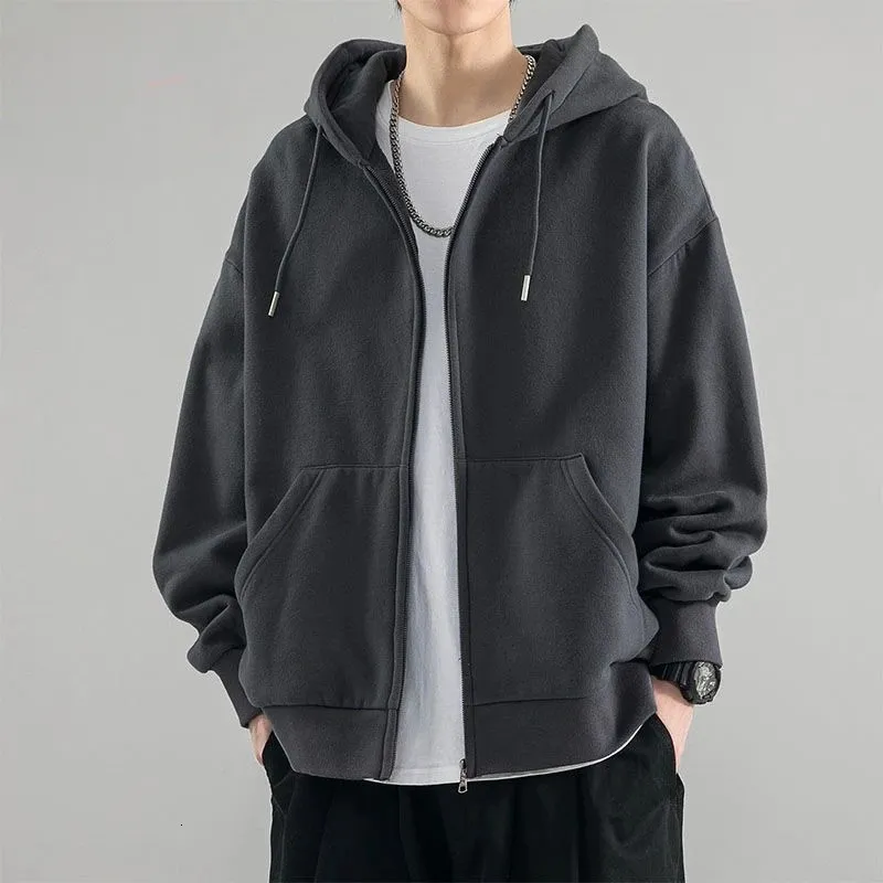 2024Male Clothes Hooded Sweatshirt for Men Solid Black Hoodies Full Zip Up Autumn Y2k Vintage Low Price in Loose S 240219