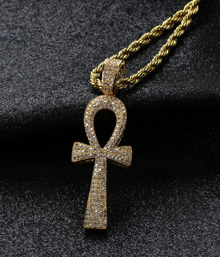 Hip Hop Silvergold Kolor Jezus Egyptian Ankh Key Cross Cross Naszyjniki Cuubic Cyrconia Długie łańcuchy dla mężczyzn i kobiet3805059