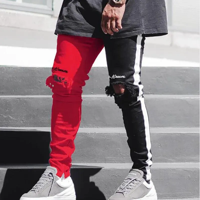 Jeans pour hommes Hommes Noir Rouge Patch Stitch Denim Pantalon Automne Pied Zipper Ripped Hip Hop Vintage Skinny Homme Pantalones Hombre