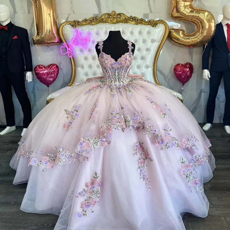 Ljusrosa prinsessan quinceanera bollklänning från axeln applikation tull sweet 16 klänningar 15 anos mexikansk