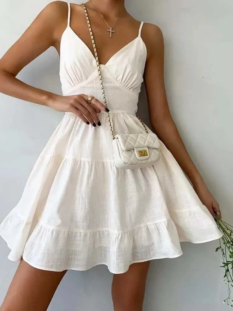 Basic Casual Dresses Linen cotton dress womens summer mini dress womens retro A-line suspender dress sexy and sexy girl V-neck Camisole pleated sun skirt J240224