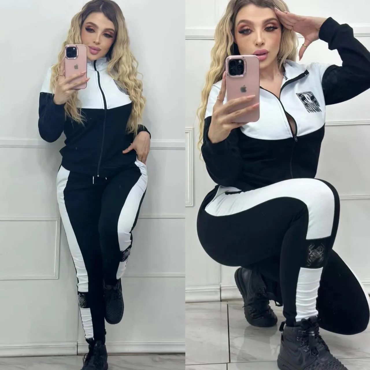 Kadınlar İki Parçalı Pantolon Black White Sabah Koşu Terzini Kırış Jogging Zip Ceket ve Tasarımcı Sweetpants Takım Seti Ücretsiz Gemi