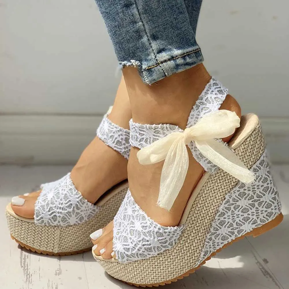 Sandalias INS Hot Lace Casual Zapatos para mujer Cuña Tacones altos Zapatos para mujer 2022 Sandalias de verano Plataforma de fiesta Tacones altos Zapatos para mujer J240224