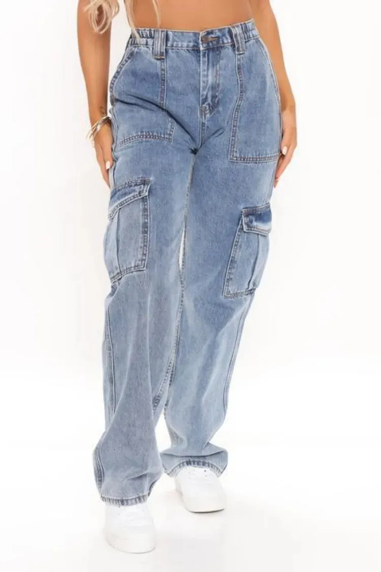 Y2K Womens High Waist Multi Pocket Cargo Jeans Fashion Loose Denim Wide Leg Pants Casual Female Trousers S-XL 240222