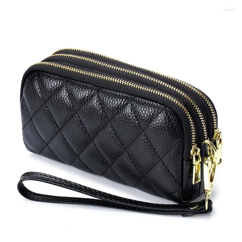 Wallets Women Long Wallet Genuine Leather 3-layer Zipper Purse Bag Large Capacity Wristlet Clutch Phone Solid Color Money Clip3192