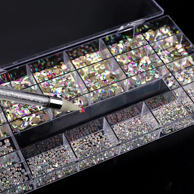 2800 pièces AB verre cristal diamant plat strass Nail Art décoration 21 grille boîte ongles accessoires ensemble avec 1 stylo de ramassage 240219