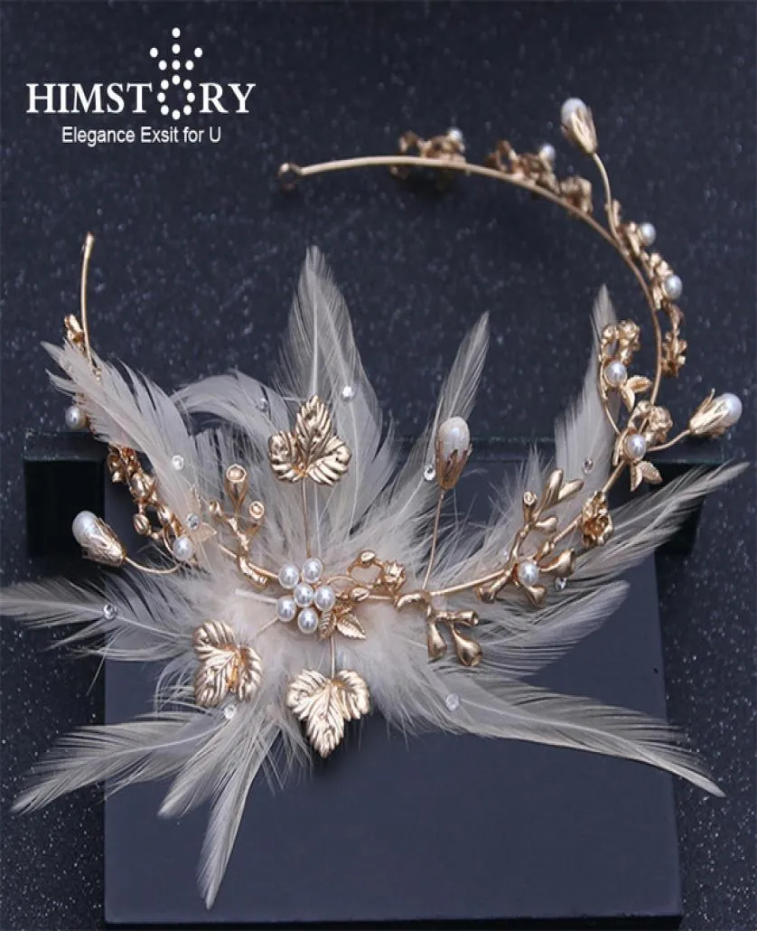 Himestory Barock Vintage Gold Feather Crystal Pearl Headband Rhinestone Leaf Flower Hairband Wedding Hair Smycken Tillbehör2366683