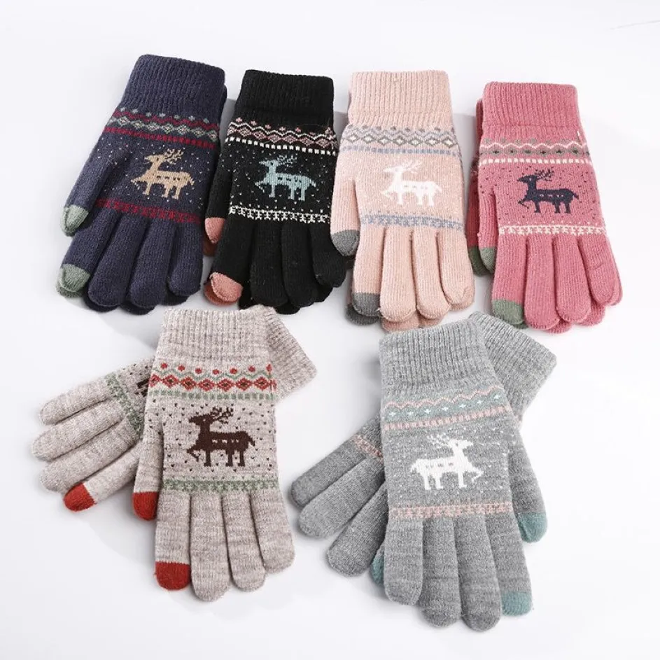 Vintage Christmas Deer Knitted Gloves Women Thicken Touch Screen Gloves Winter Warm Snow Elk Full Finger Mittens Xmas Gift Luvas2433