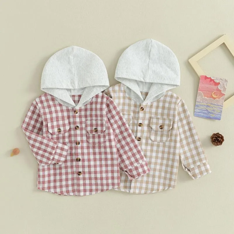 Куртки для маленьких мальчиков и девочек, лоскутная клетчатая рубашка с капюшоном, повседневная фланелевая толстовка с длинными рукавами на пуговицах, детская толстовка