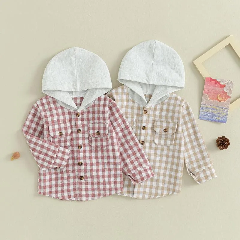 Jackets Toddler Boys Girls Patchwork Hooded Plaid Shirt Casual Long Sleeve Button Down Flannel Hoodie Baby Sweatshirt