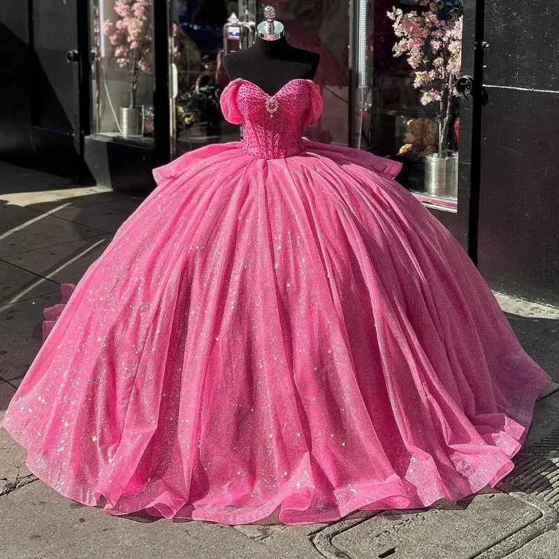 Melancia vermelho quinceanera vestidos brilhantes contas arco de cristal princesa vestidos de festa de aniversário fora do ombro vestido de baile de 15 anos