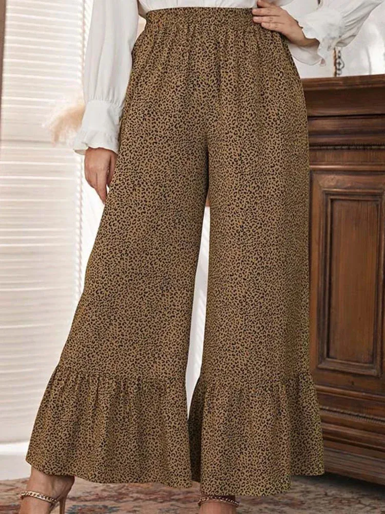 Leopardo impresso calças para mulheres escritório casual plus size cintura alta perna larga tornozelo comprimento calças outono na moda capris 3xl 4xl 240219