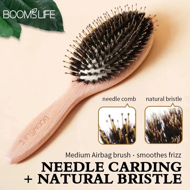 Anpassat namn Soft Boar Brestle Hair Brush Women Detangling Hairbrush Oak Wood Massage Comb för vått och torrt hår Barber Combs 240219
