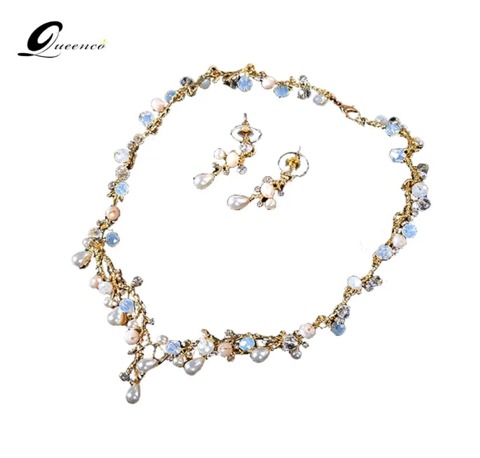 QUEENCO Crystal Teardrop Wedding Jewelry Sets Rhinetone Choker Necklace and Earrings Gold Color Bridal Jewelry Sets for Women2211256