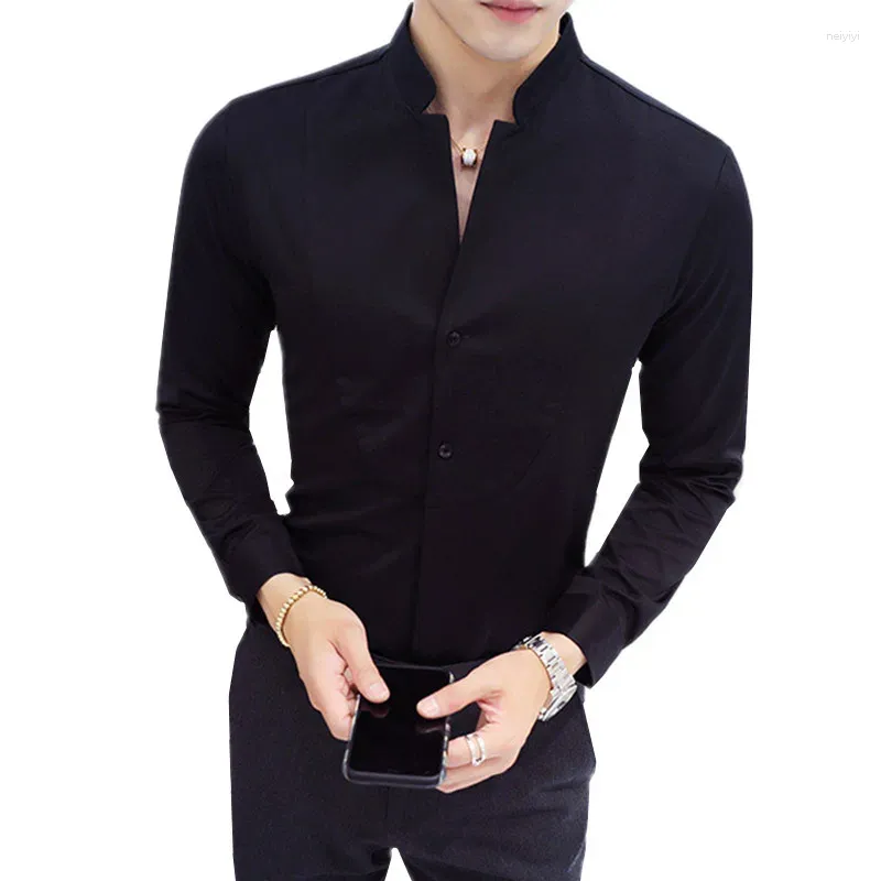 Men's Dress Shirts Men Business Standing Collar Long Sleeved Shirt Black White Wedding Party Top Slim Fit Patchwork Clothing Homme