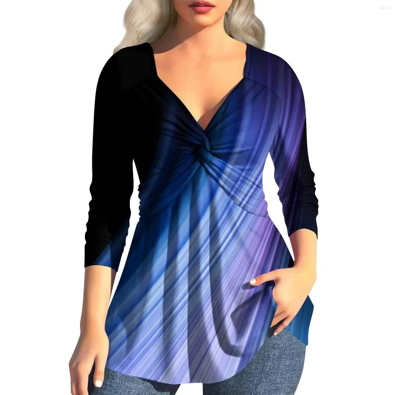 Женские футболки с длинными рукавами и абстрактным узором с принтом, сексуальный верх с v-образным вырезом и крестиком, модная женская блузка 2024, рубашка для женщин, футболки Woma