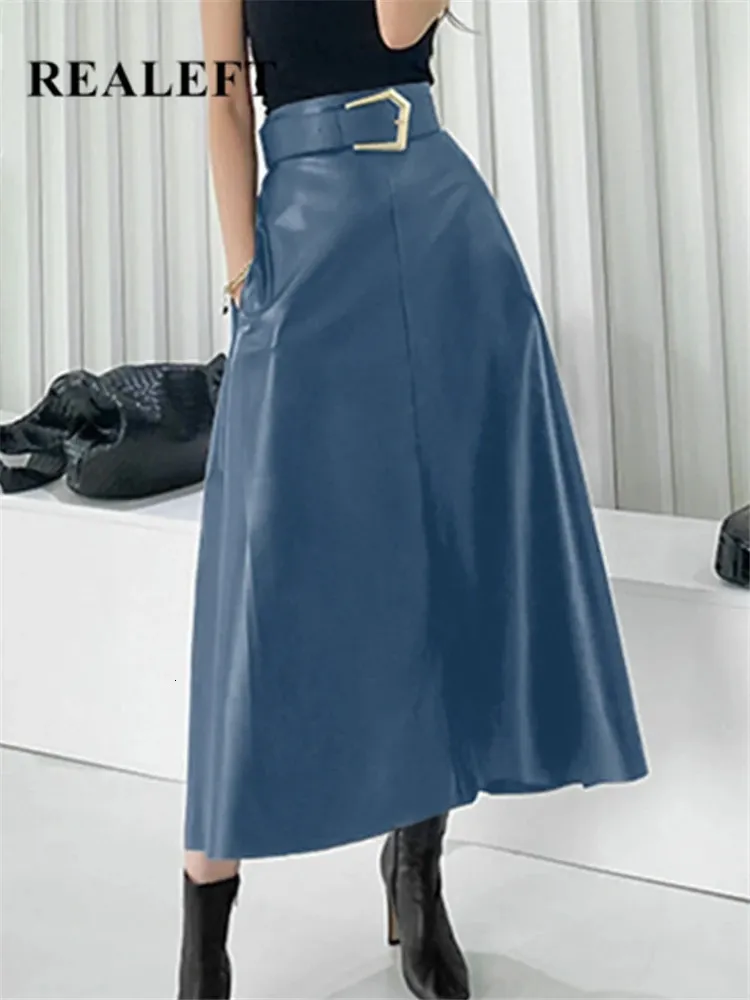 REALEFT faldas largas clásicas de piel sintética de PU con cinturón de cintura alta faldas de paraguas de moda para mujer Otoño Invierno 240222