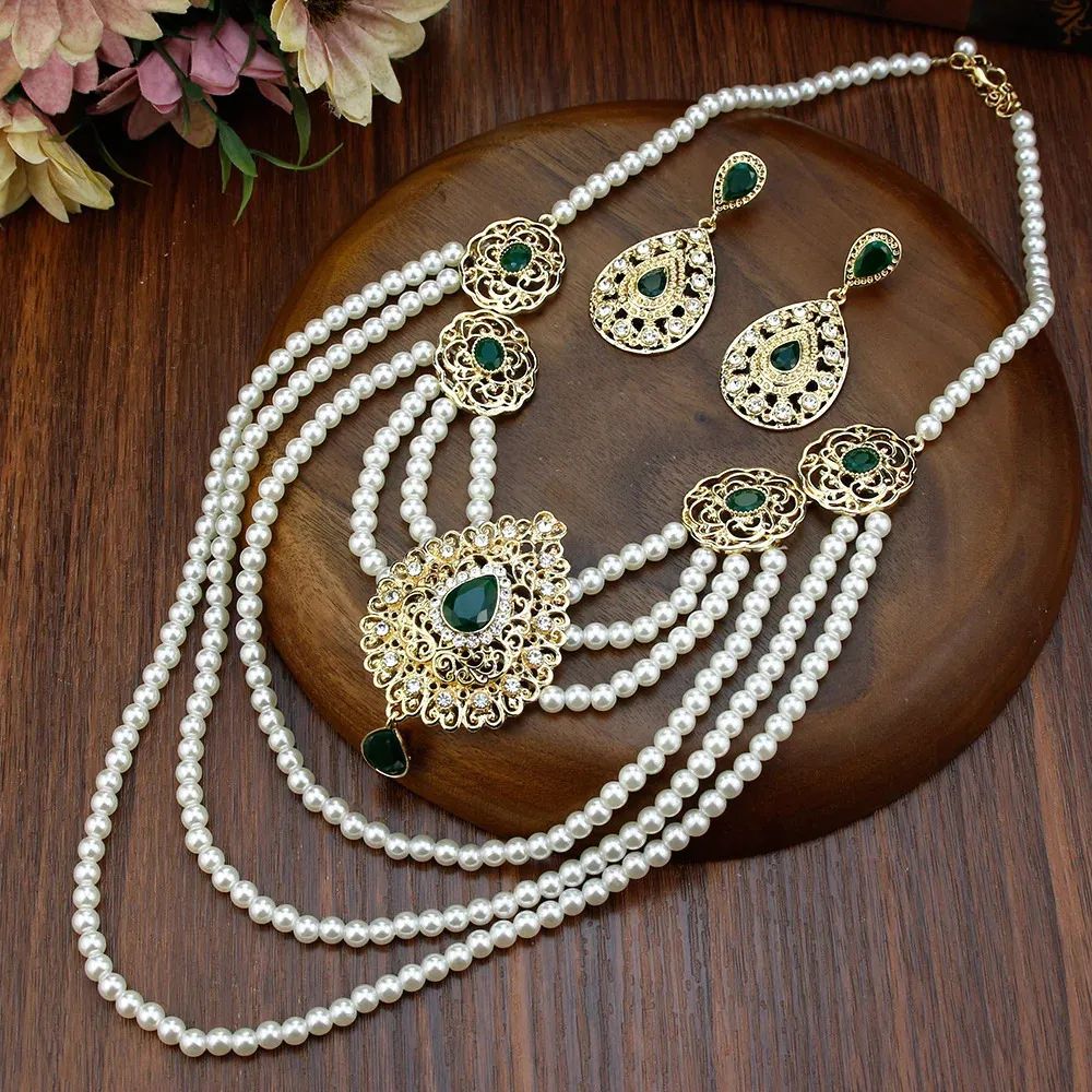 Neovisson Goggeous Bride Wedding Jewelry Algeria Aristocratic Women Pearl Beaded Necklace Multilayerチェーンイヤリングセット240220