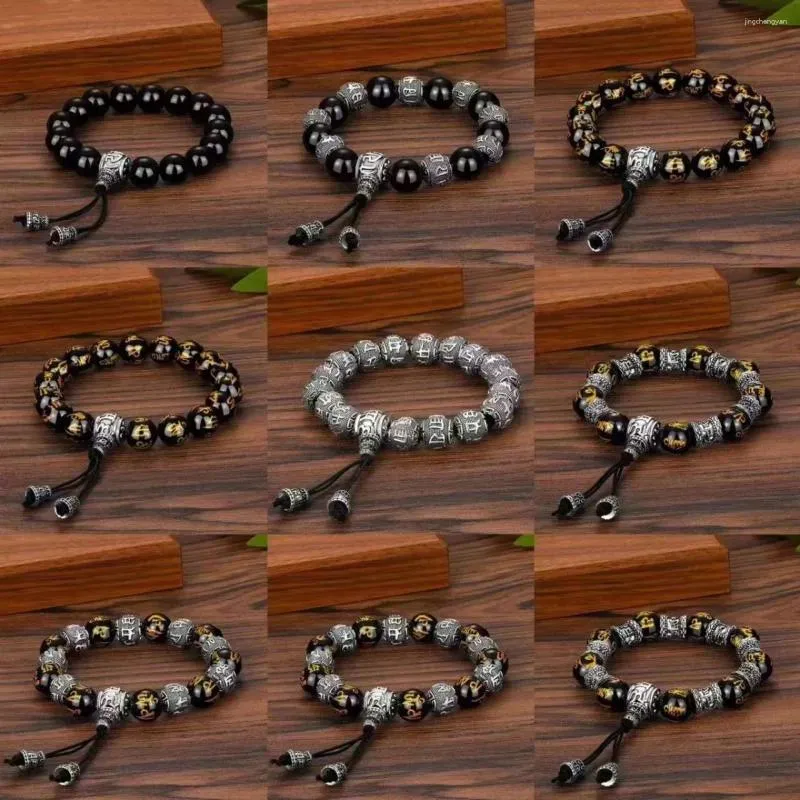 Strand Tibetan Ethnic Silver Color Buddha Bead Armband för män om Mani Padme Hum Lotus Shaped Vintage Nepal Obsidian smycken grossist