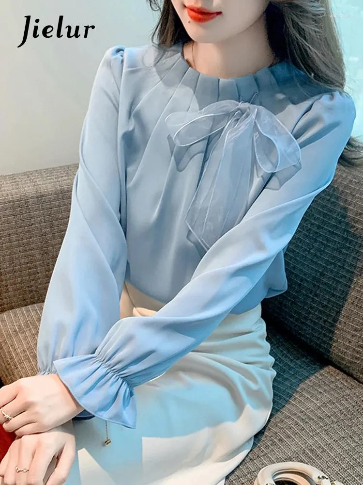 Women's Blouses Jielur Autumn Solid Color Slim Chiffon Women Blouse Casual Loose Simple Chic Woman Blue White Basic Long-Sleeved Top