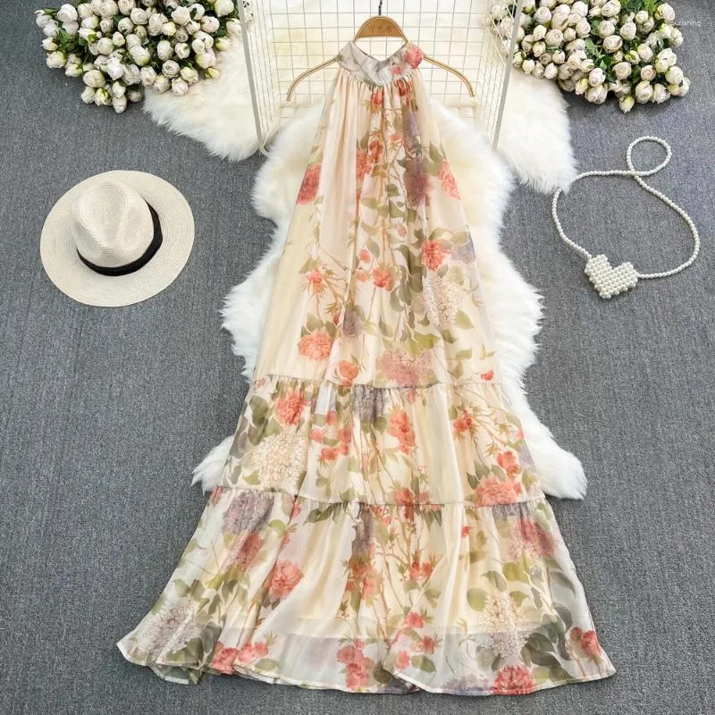 Sukienki swobodne Elegancka szyfonowa sukienka kantarska Kobieta bez rękawów luźna linijka letnia na plażę styl vestidos kwiatowy nadruk kostki żeńska sukienka