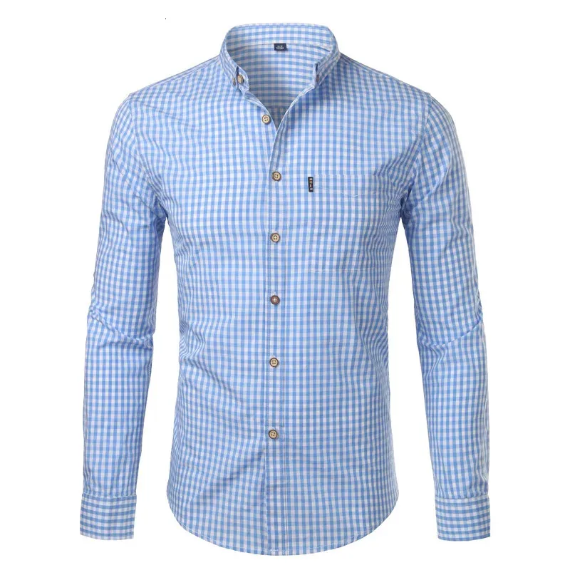 작은 격자 무늬 버튼 다운 셔츠 남자 여름 긴 소매 슬림 핏 남성 드레스 셔츠 캐주얼 체크 깅엄 chemise homme 240219