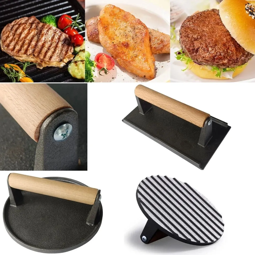 Presse à hamburgers rectangulaire ergonomique en fonte, avec manche en bois épais, pour BBQ, Steaks, Sandes, viandes, 240219