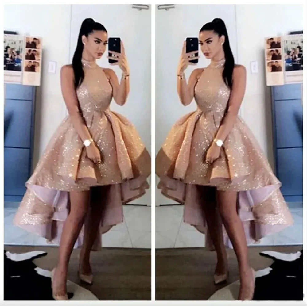 Bling Bling cekiny Rose Gold High Surk Sukienki 2024 Seksowne przednie przednie długi rękawów