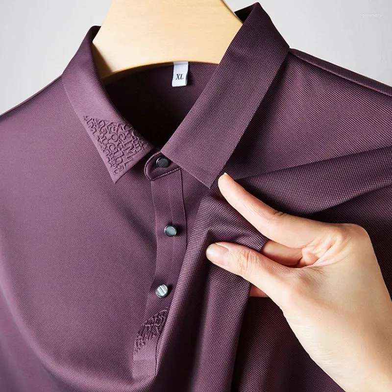 Polos męski wysoka elastyczność letnia koszule polo luksusowy stały stały kolor krótki rękaw Business