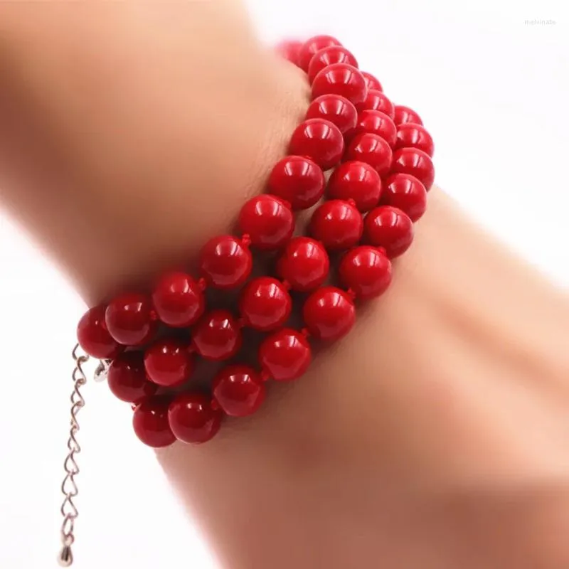 Charme pulseiras encantos estilo étnico pulseira para mulheres artificial coral 6mm vermelho redondo grânulos 3 linhas moda declaração pulseira jóias