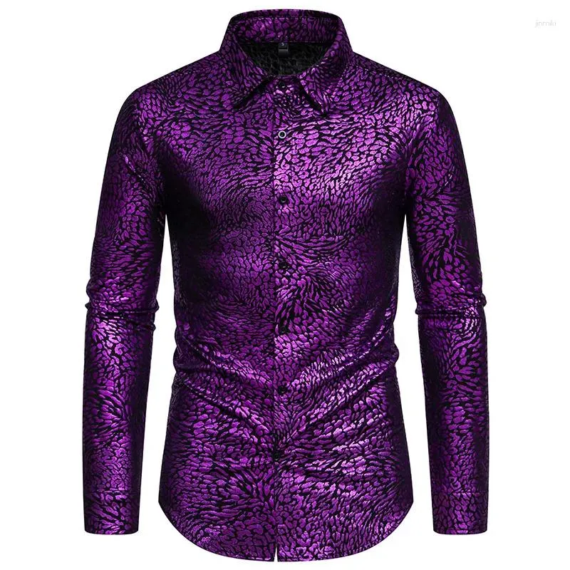 Chemises habillées pour hommes violet pour la fête Hip Hop imprimé léopard à manches longues smoking mâle élégant tendance discothèque Banquet Chemise