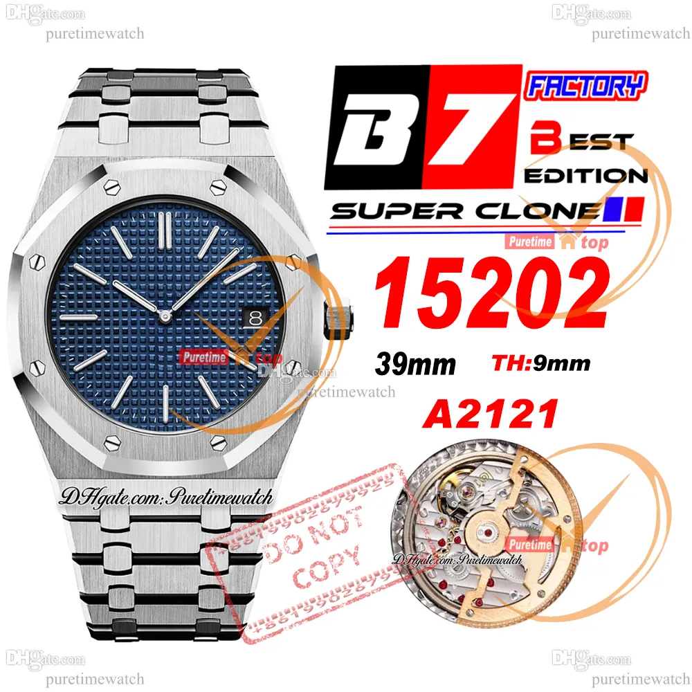 B7F 1520 JUMBO Ekstra ince 39mm mavi dizin grande tapisserie kadran çubuğu A2121 Otomatik Erkekler İzle Paslanmaz Çelik Bilezik Süper Sürümü PureTiMewatch Reloj Hombre