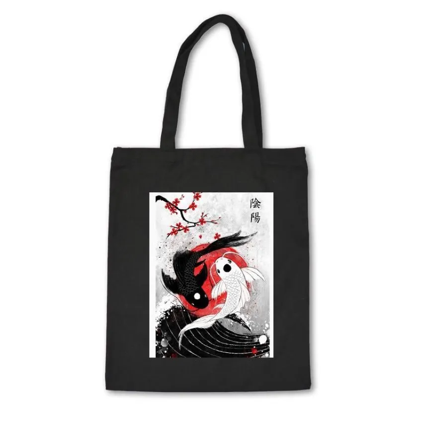 Sacs à provisions Sac en toile De style japonais coton haute qualité noir unisexe sac à main avec impression de poisson tissu personnalisé Bolsas De Mano282K