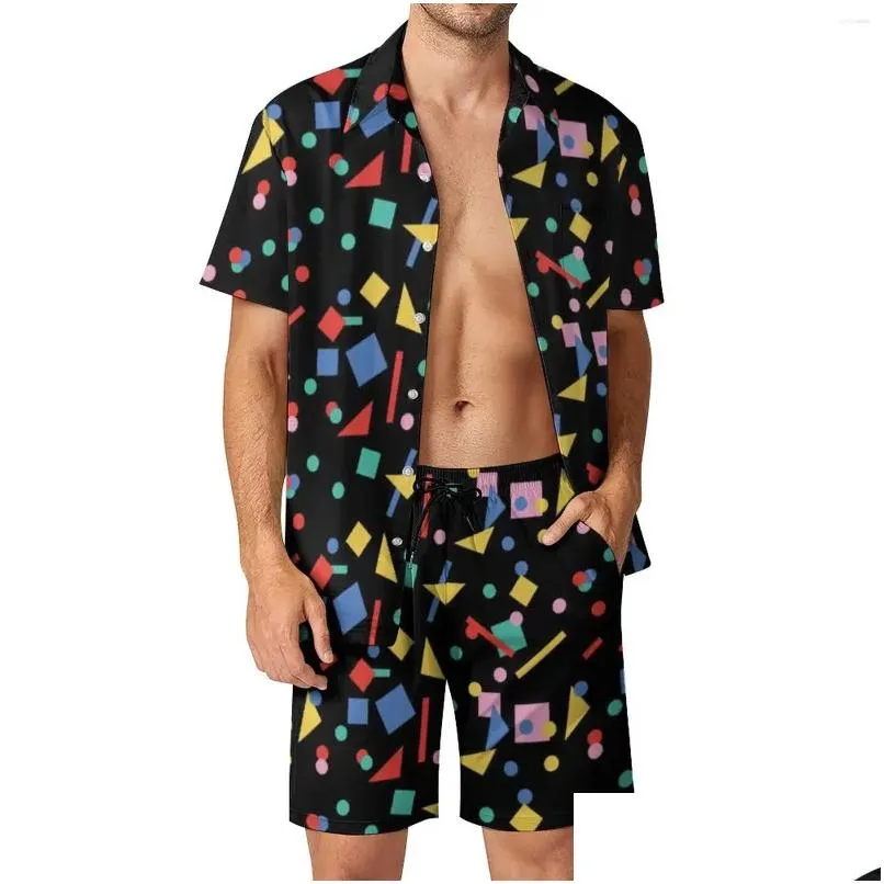 Men'S Tracksuits Mens Retro 80S Design Aesthetic Men Sets Art Geometric Shapes Casual Shorts Beach Shirt Set Hawaii Suit Oversized C Dhx2P