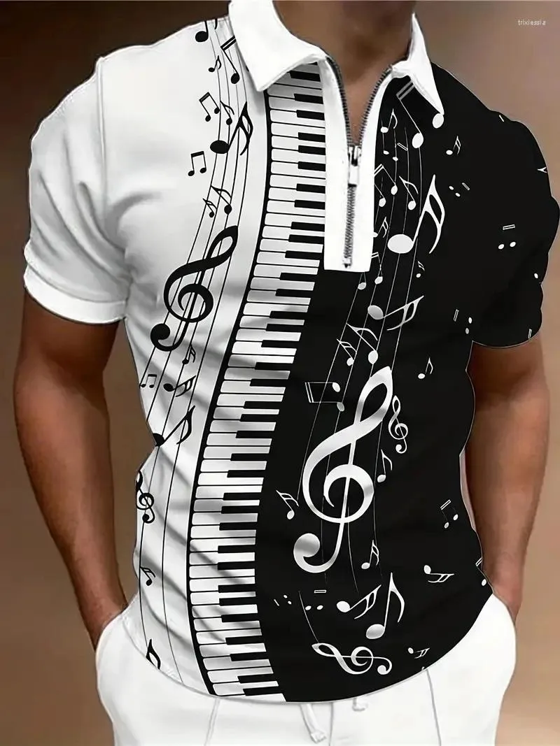 Herrpolos sommar män polo skjorta kort ärm t-shirts casual piano tryck zip tee mode skjortor man klädföretag topp