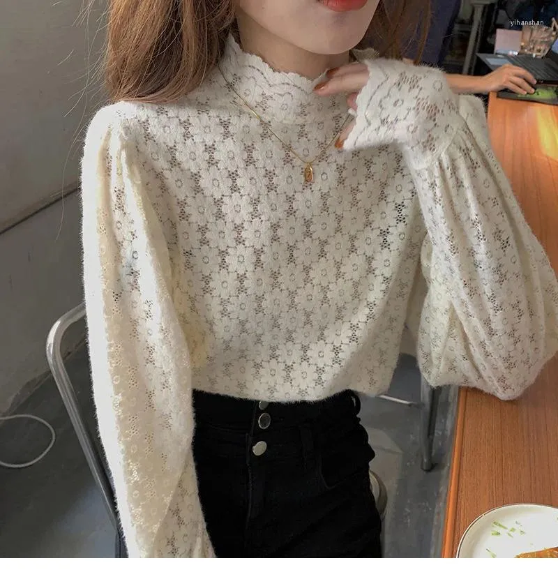 Women's Blouses Flocking Brushing Plucking Lace Underlay Shirt Women Autumn/Winter Half High Neck Fashionable Small To