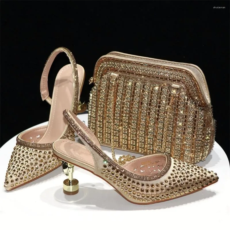 Womens Dress Shoes Gold Stone and Bag Set with PU Upper, Rubber Outsole, High Heel 5-8cm, Open Pointed Toes, Buckle Strap Closure Womens Dress Shoes Gold Stone and Bag Set with PU Upper, Rubber Outsole, High Heel 5-8cm, Open Pointed Toes, Buckle Strap Closure