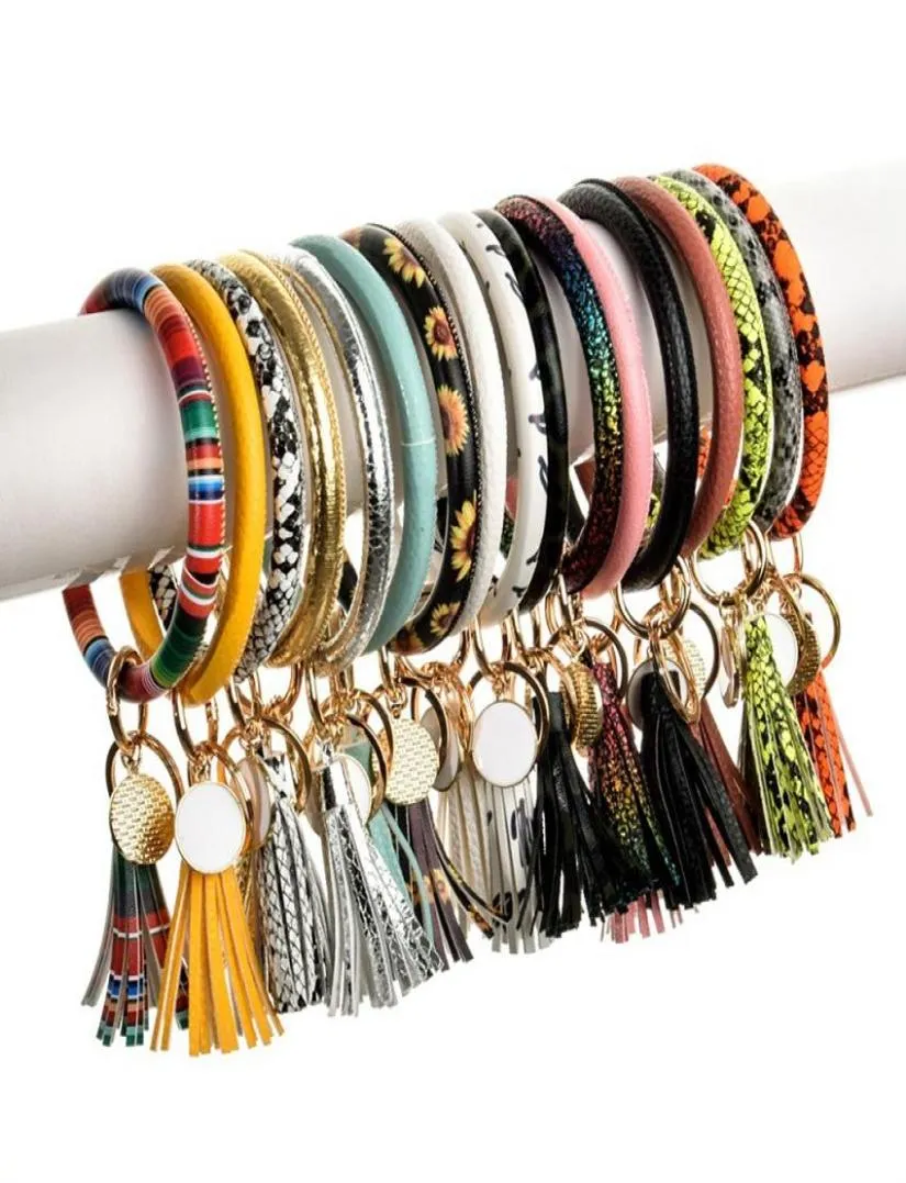 TASSLES JACHELETS KVINNER PU LÄDER WRAP KEY RING LEOPARD KEYCHAIN ​​ARVBAND CANDY FÄRG DRIP Oljearmband Kedjor2247795