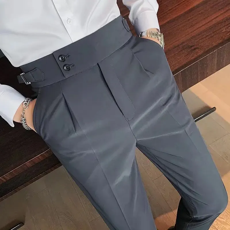Business Tie Pleated Suit Pants The Trend Fashion High Waist Casual Slim Fit Vintage Pencil Trousers For Male Office Dress 240222