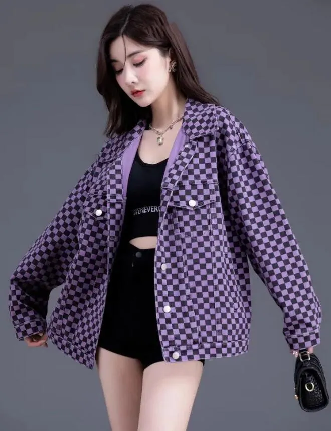 C2064 Designerjacka Kvinnor Lång ärm Lapel Neck Purple Plaid Jeans Jackets Denim Womens Coat