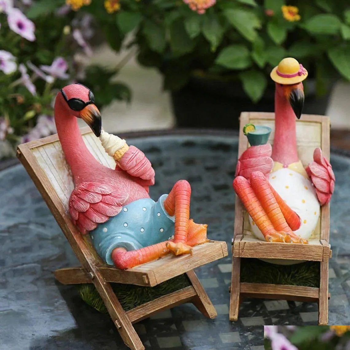 Dekoracje ogrodowe Summer Flamingos Decor Yard Patio Lawn Zabawne wróżki ozdoby na zewnątrz figurka dostawa domu otrwh