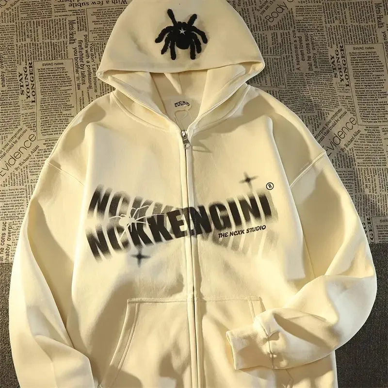 Vintage örümcek nakış kıyafeti harajuku ceket erkekler sonbahar çift sweatshirt mektup giyim anime fermuarlı hoodie 240220