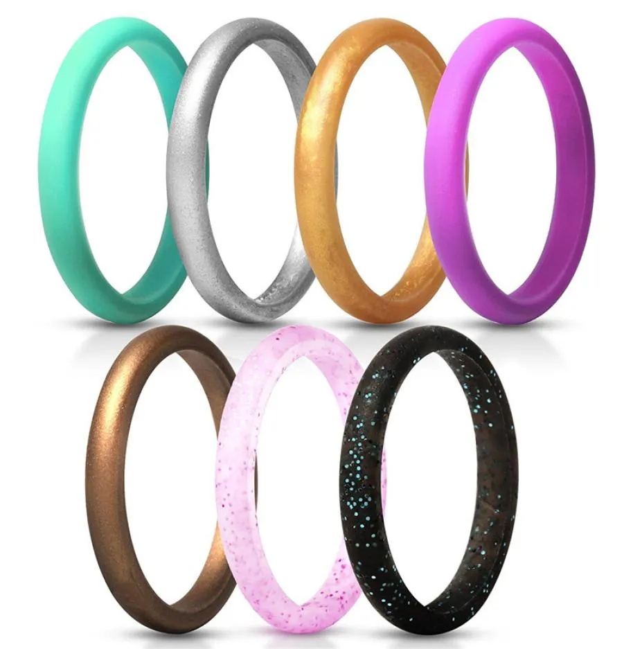 7color pack metallic sparkling Silicone Wedding Rings for Women Thin Rubber Wedding Bands Stackable Ring FDA Silicone 27mm wid1598844