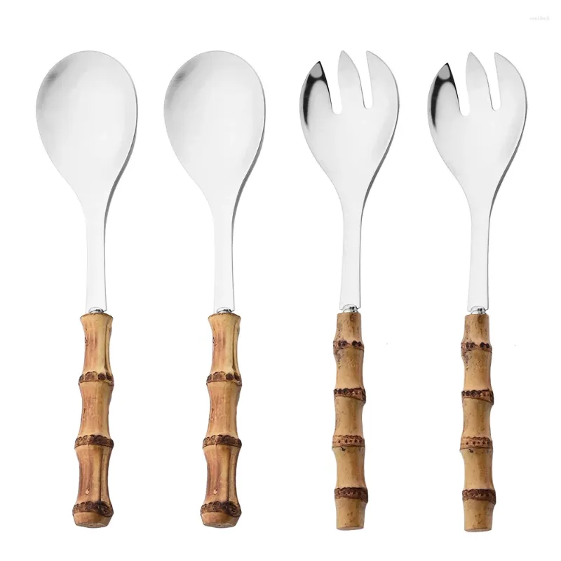 Spoons JANKNG 2/4Pcs Long Handle Serving Spoon Fork Wooden Salad Forks Stainless Steel Tableware Bamboo Cutlery