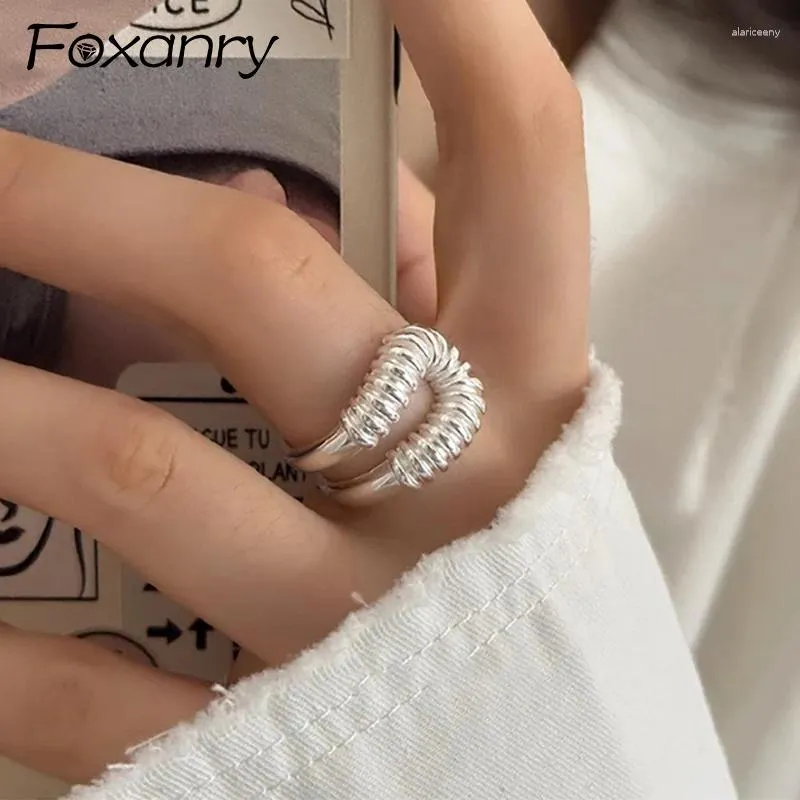 Cluster Rings Foxanry Silver Color Pin Geometric Threaded Ring For Women Minimalist Fashion Creative Design Personality Birthday Jewelry