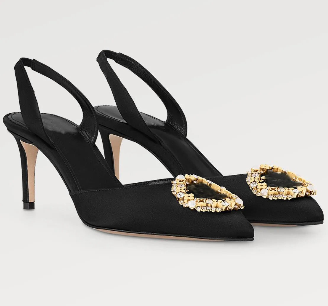 Summer Elegant Brand Met Slingbacks & Sandals Shoes Satin Women Gold-tone Metal Pearls & Rhinestones Point Toe Lady Pumps Elegant Walking EU35-43