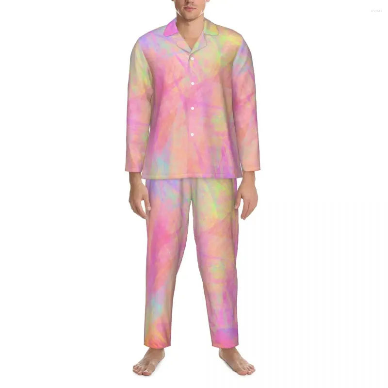 Mäns Sleepwear Multi Neon Paint Pyjamas Set Tie Dye Print Lovely Men Long-Sleeve Casual Loose Daily 2 Pieces Nightwear Plus Size