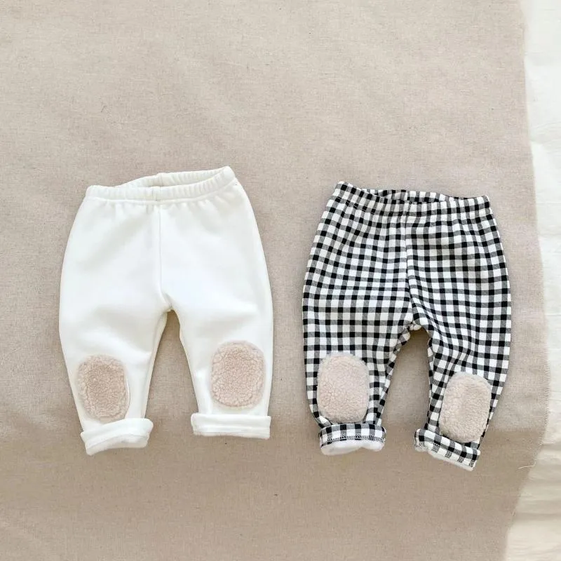 Pantalon automne hiver enfant épaissir Plus velours Leggings chauds garçon infantile Plaid pantalons décontractés fille enfants Patch solide mode