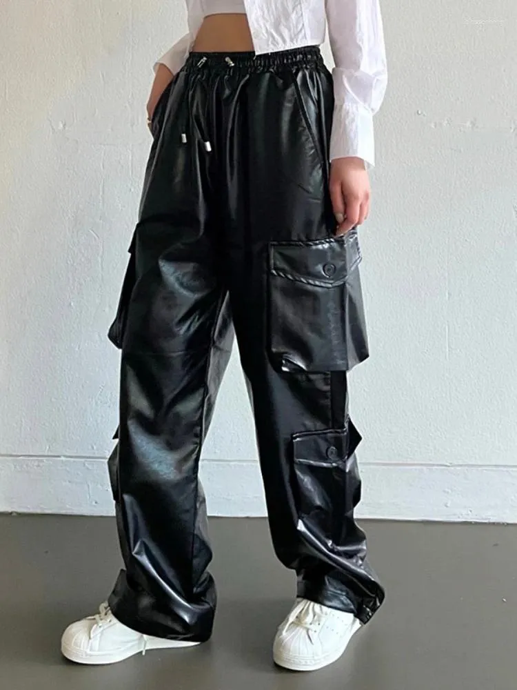 Calças femininas Weiyao Streetwear Cintura Alta PU Couro Reta Perna Calças Mulheres Preto Goth Techwear Multi-bolsos Carga Coreana