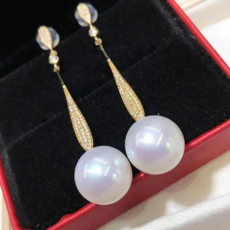 Dingle örhängen D727 pärla fina smycken solid 14k guld runda 11-12mm färskvatten vita pärlor för kvinnor presenter